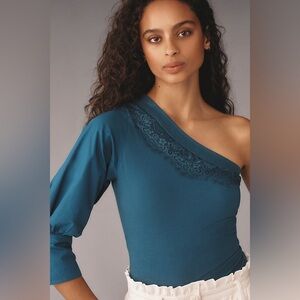 NWT new Anthropologie one sleeve puff shoulder top lace medium blue teal